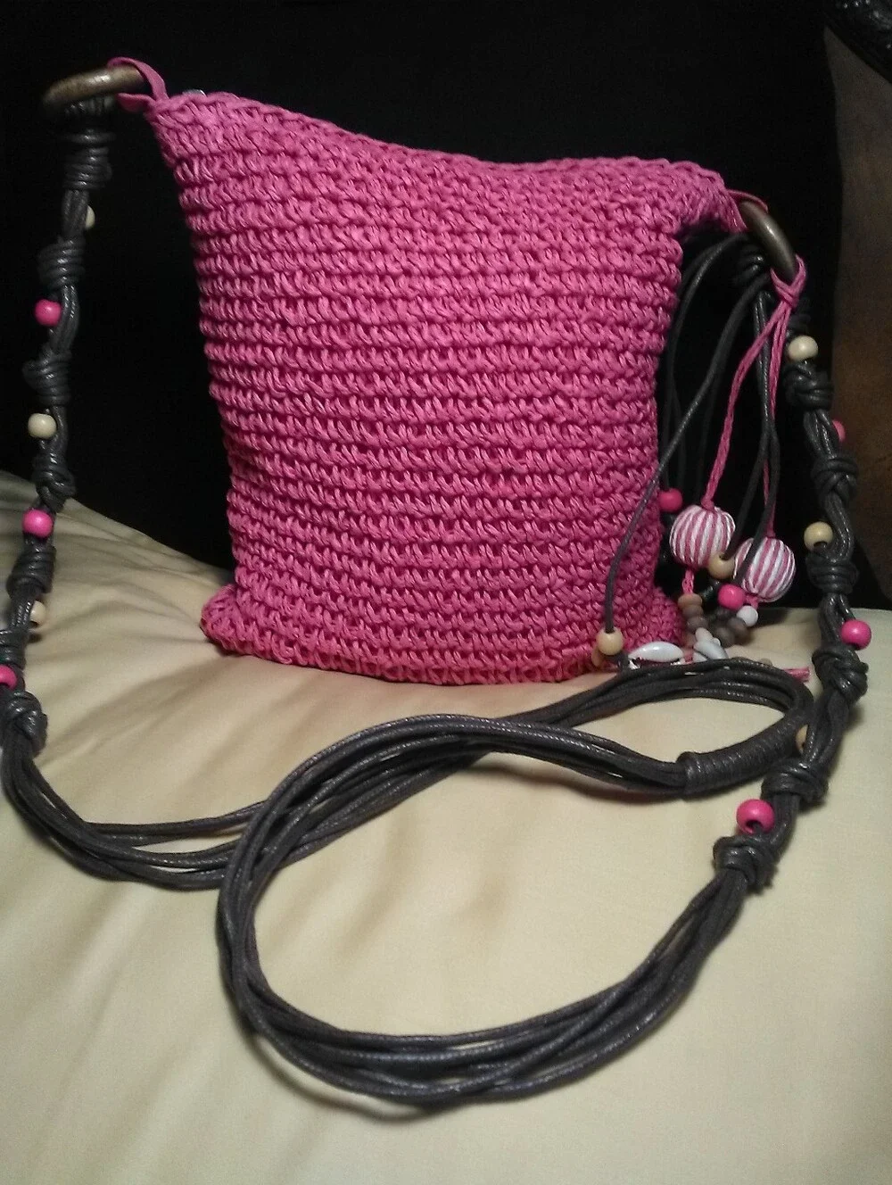 NWOT Handmade Pink Crochet Crossbody Bag LEATHER Beaded Strap